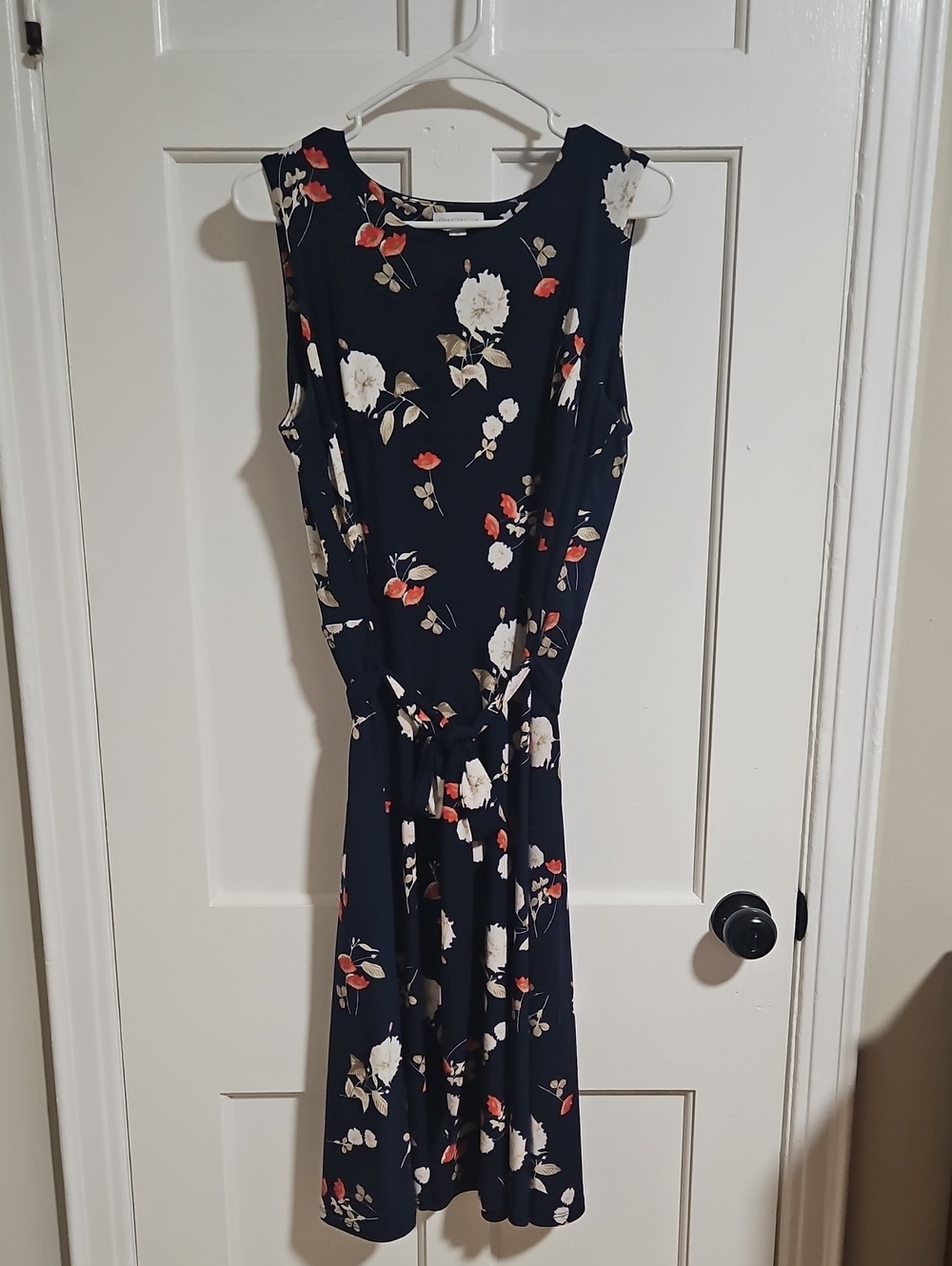 Charter Club Navy Floral Tie-Waist Dress with Cream & Coral Accents